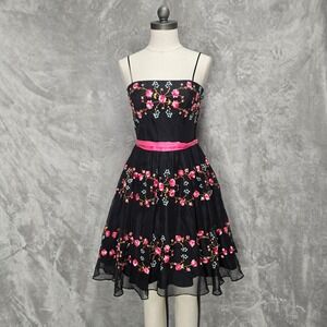 Vtg Betsey Johnson Evening Silk Embroidered Fit Flare Dress Prom Fairy Garden 2
